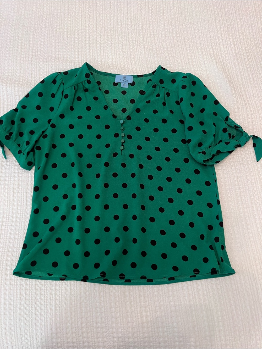 Petite CeCe Emerald Green Polka Dot V-Neck Tie-Sleeve Blouse